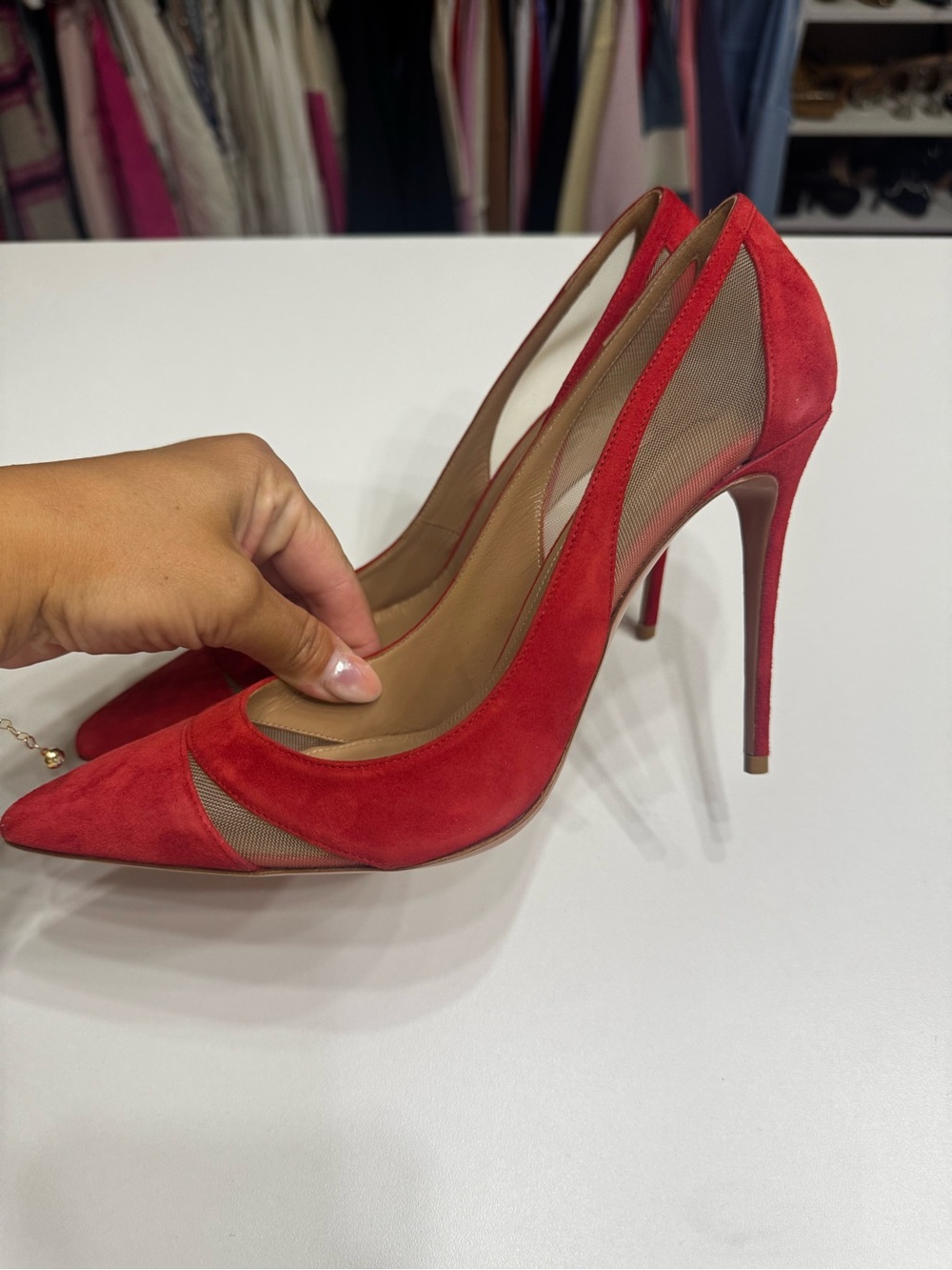Aquazzura Red Suede Pointed Toe Pumps with Cutout Detail - Picture 3 of 5